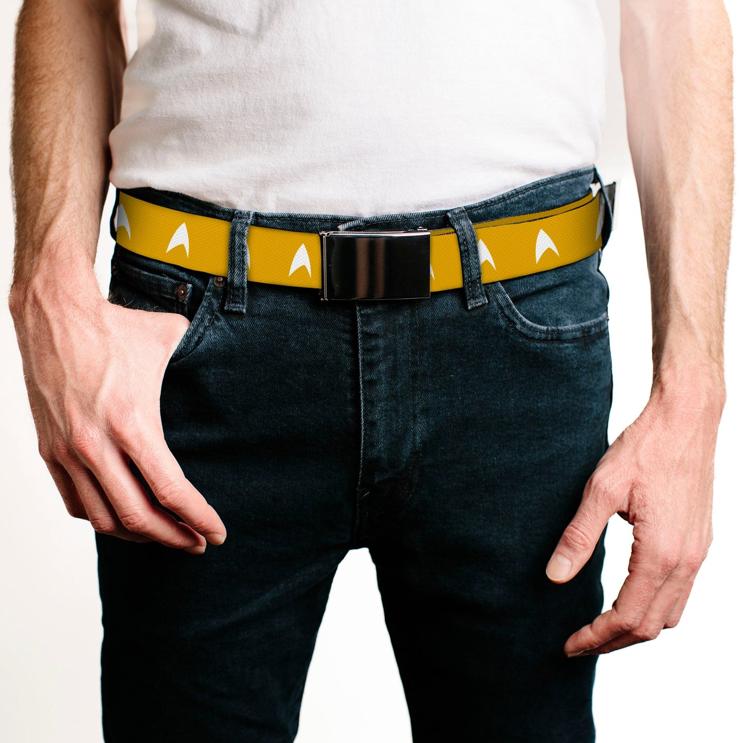 Close-up of the Starfleet delta insignia pattern on yellow nylon webbing