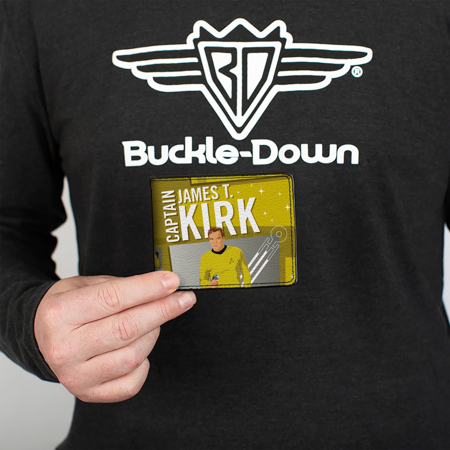 Close up of Captain Kirk poses in command gold on bi-fold wallet