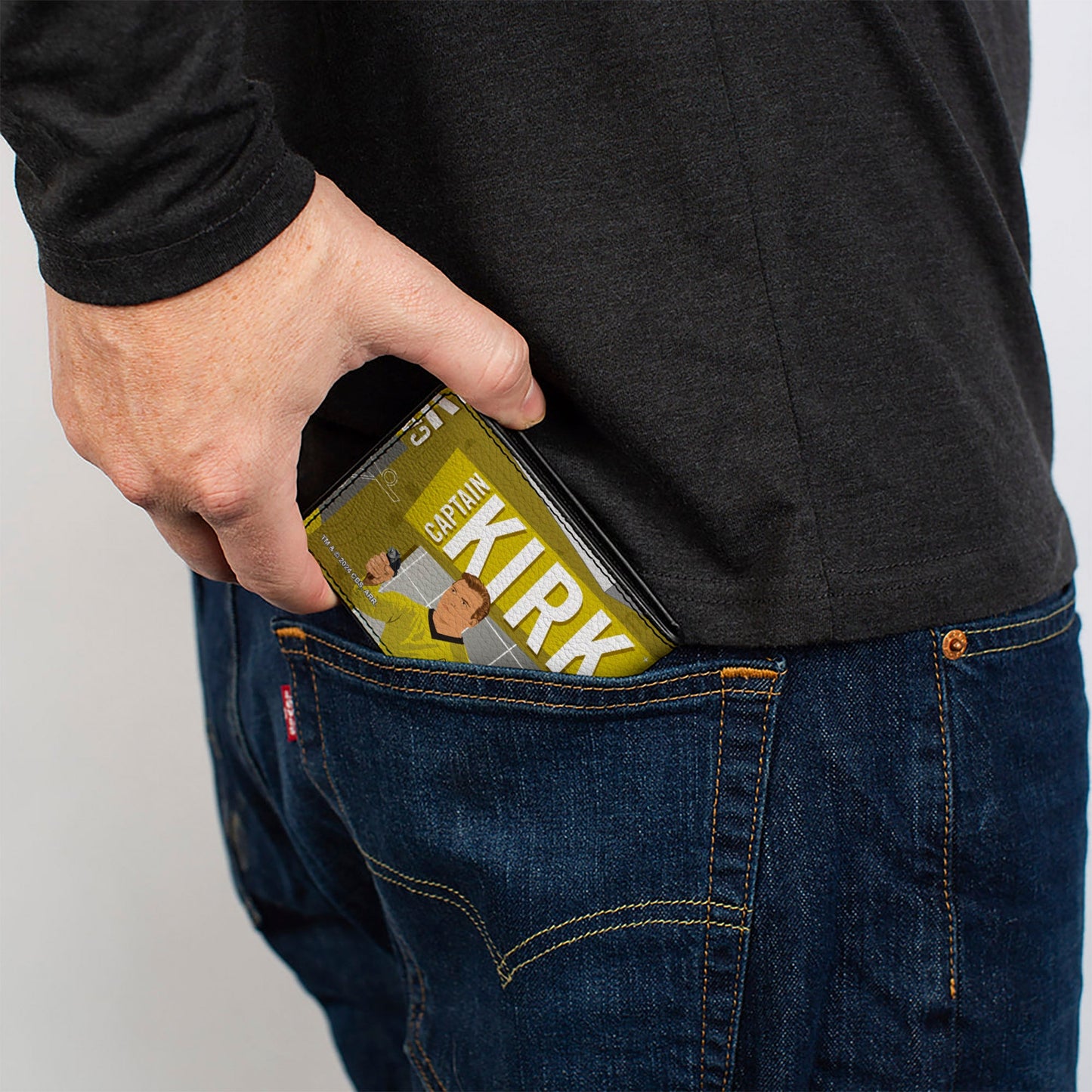 Back side of Captain Kirk collage wallet with yellow and gray design