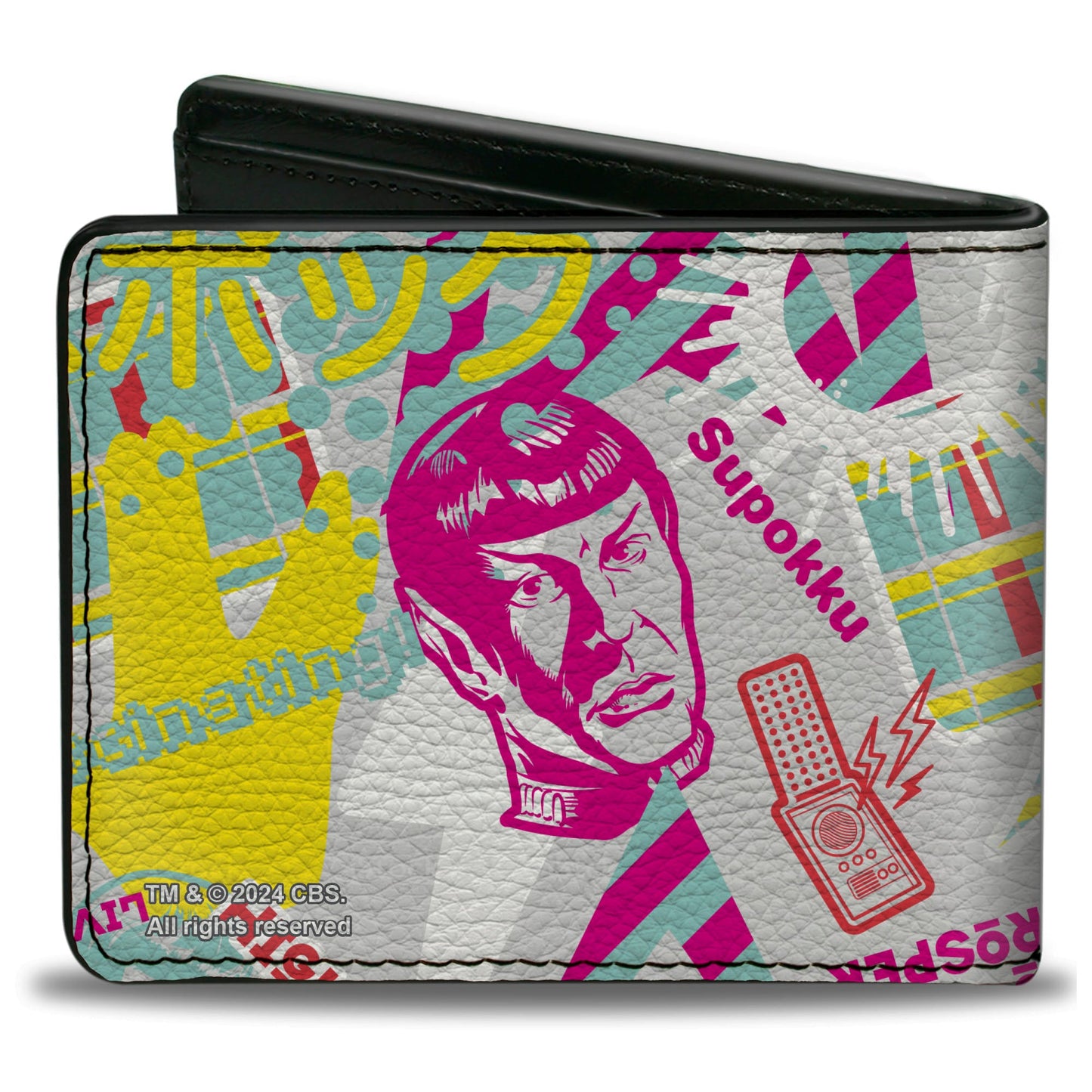 Spock icon collage detail on white vegan leather wallet