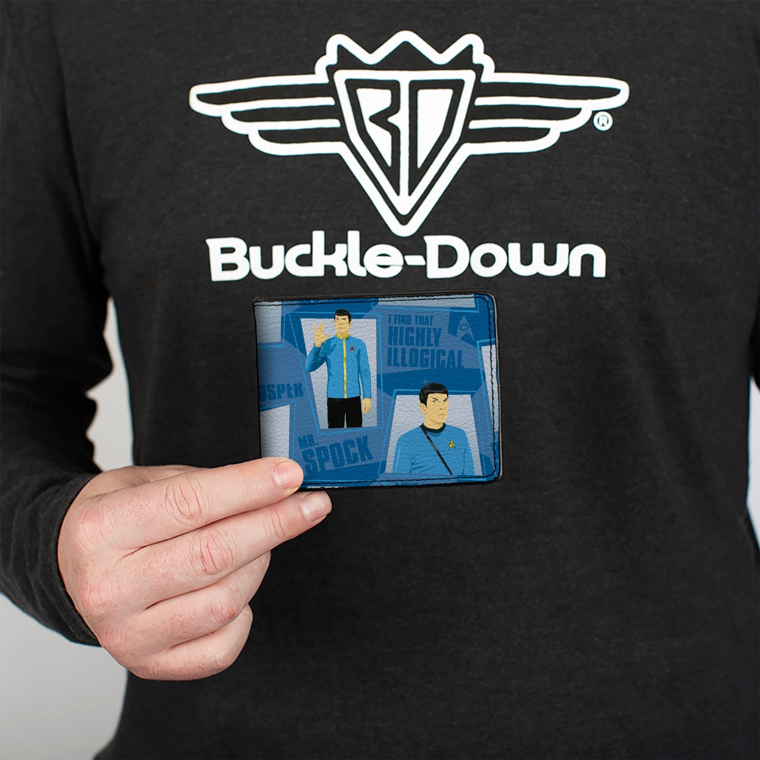 Close up of Vulcan quotes and Mr. Spock graphics on blue wallet