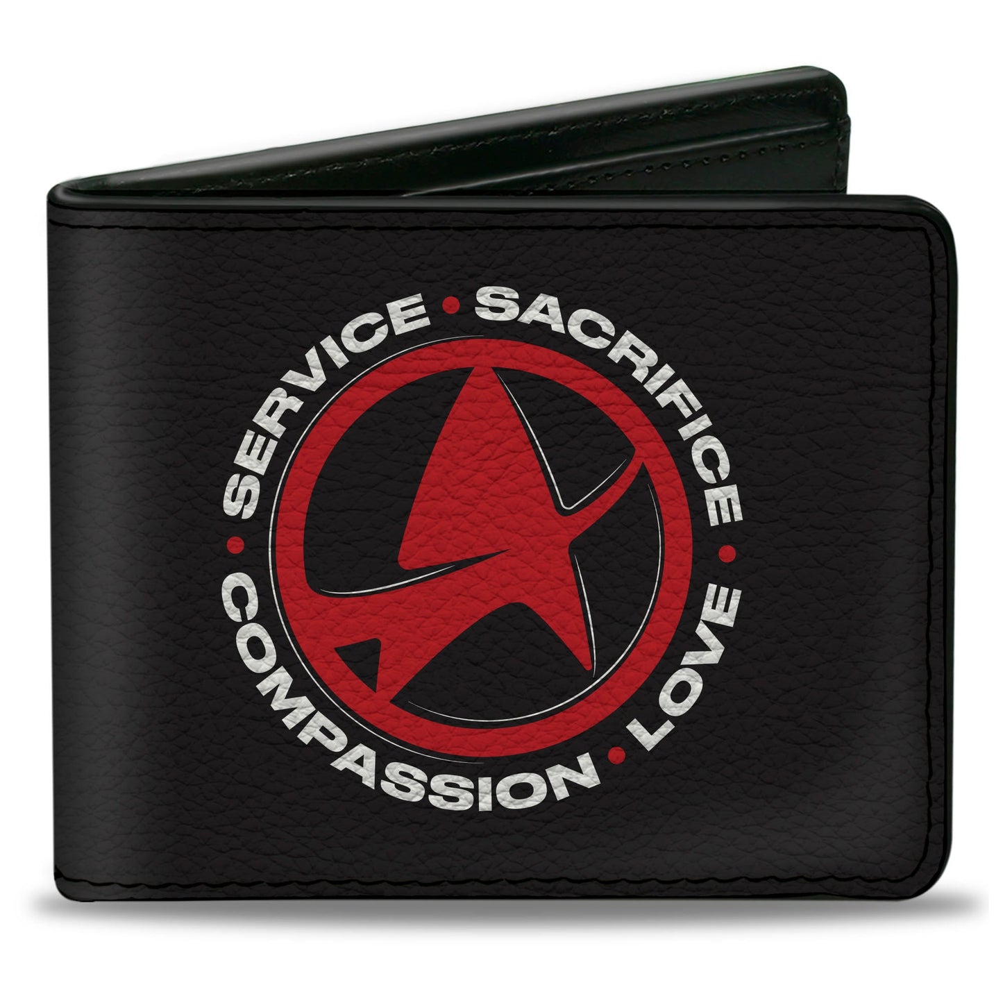 Front view of Star Trek Service Sacrifice Compassion Love Bi-Fold Wallet in black