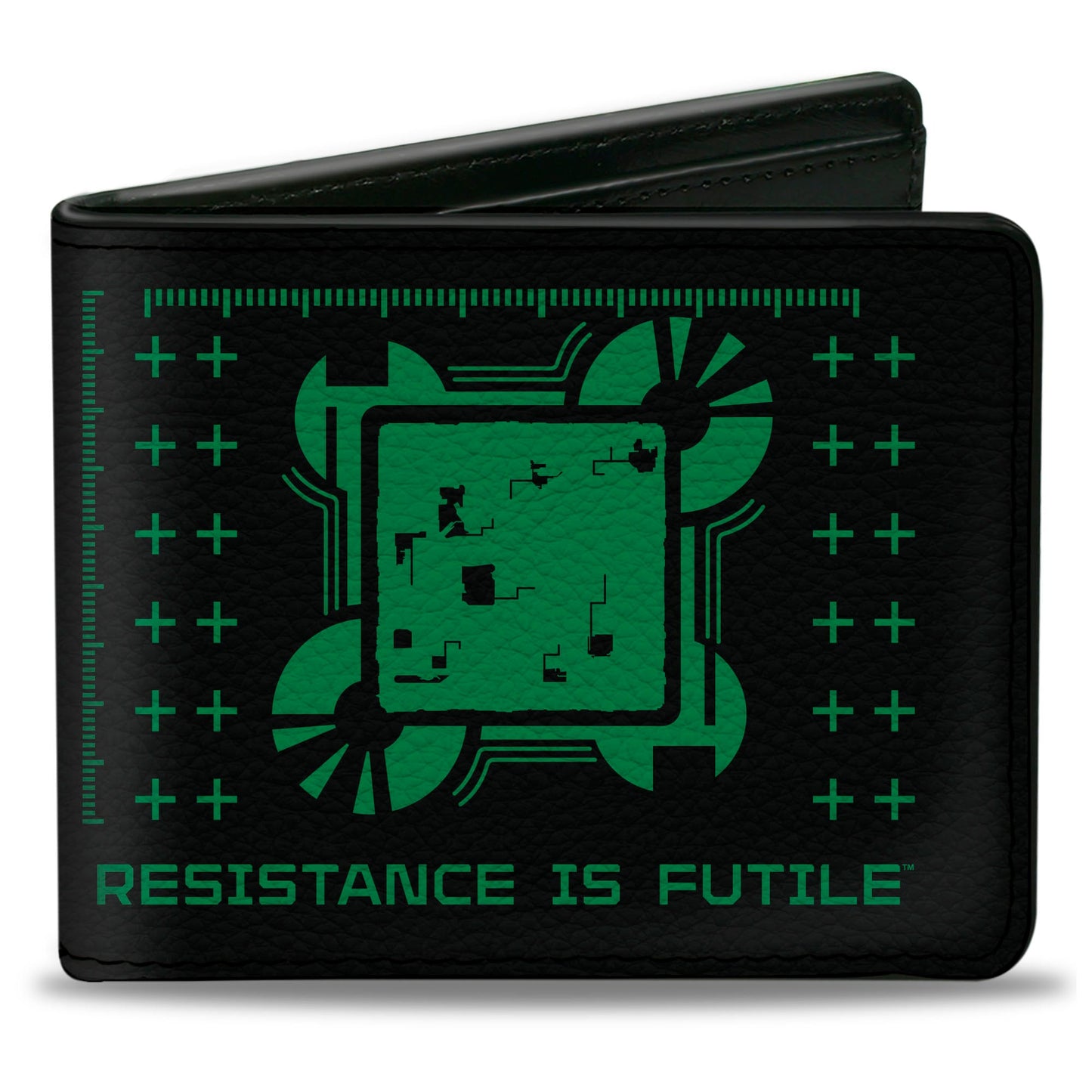Front view of Star Trek Borg Cube Bi-Fold Wallet in black and green
