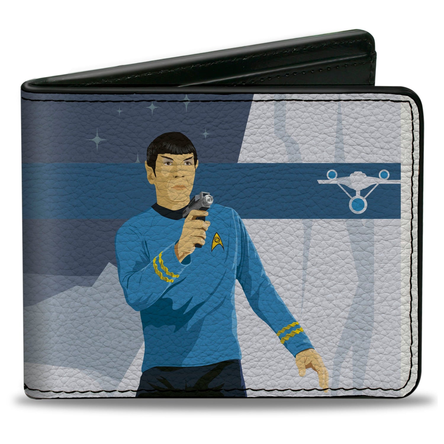 Mr. Spock in phaser pose on blue and gray bi-fold wallet