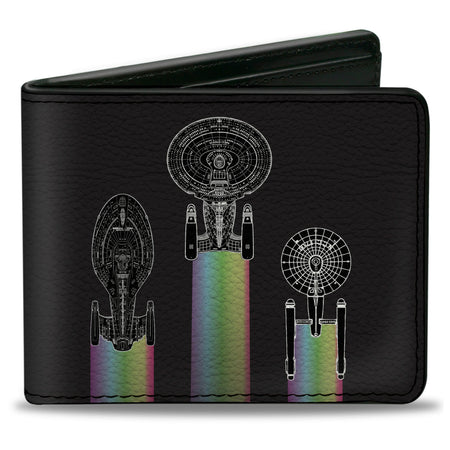Front view of the black Star Trek bi-fold wallet with Starfleet ships.