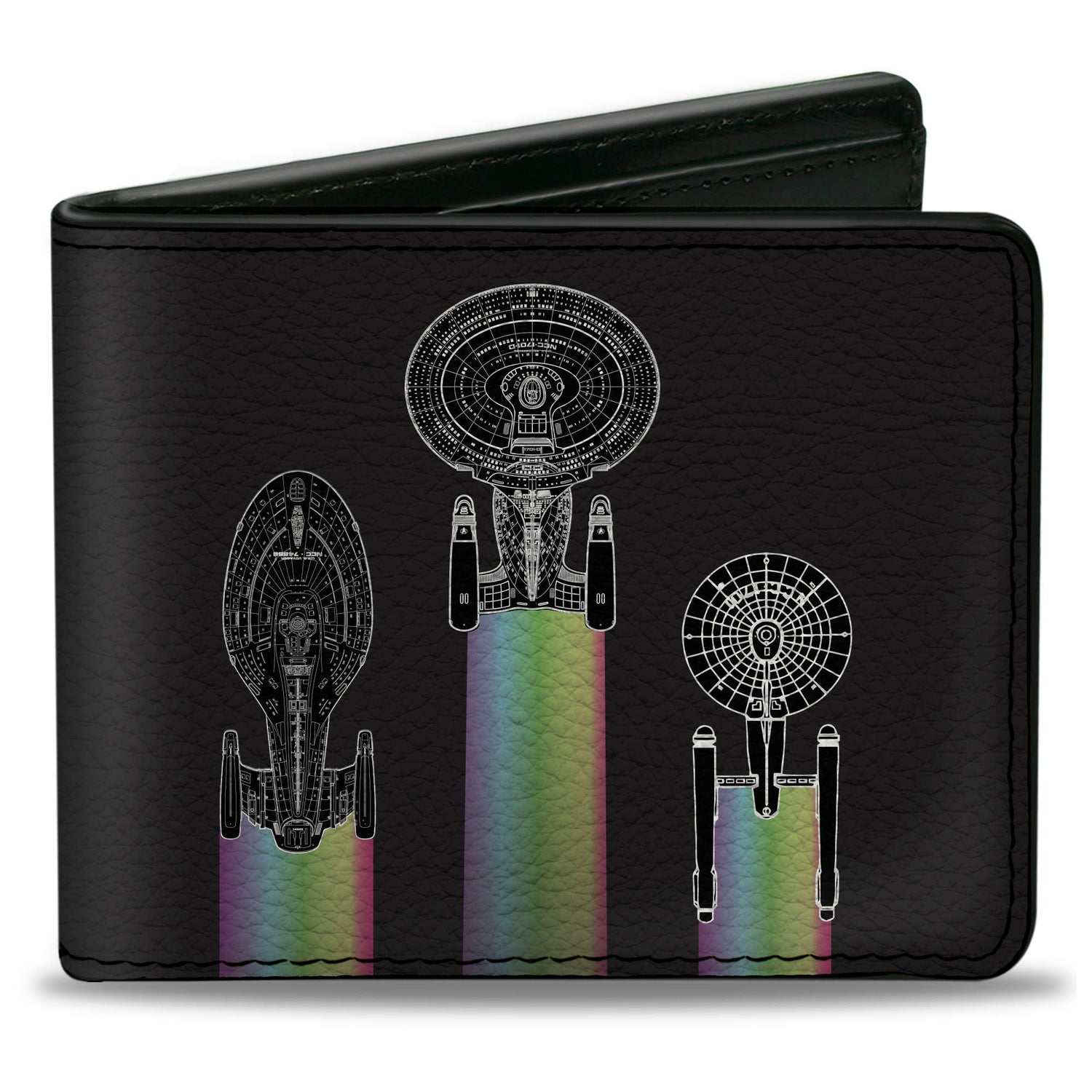 Front view of the black Star Trek bi-fold wallet with Starfleet ships.