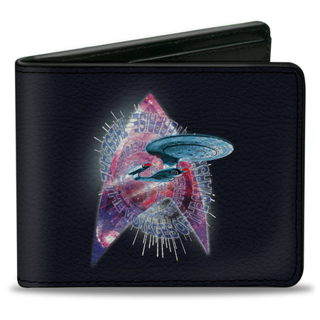 Front view of Star Trek TNG Enterprise Voyages Icon Black Bi-Fold Wallet