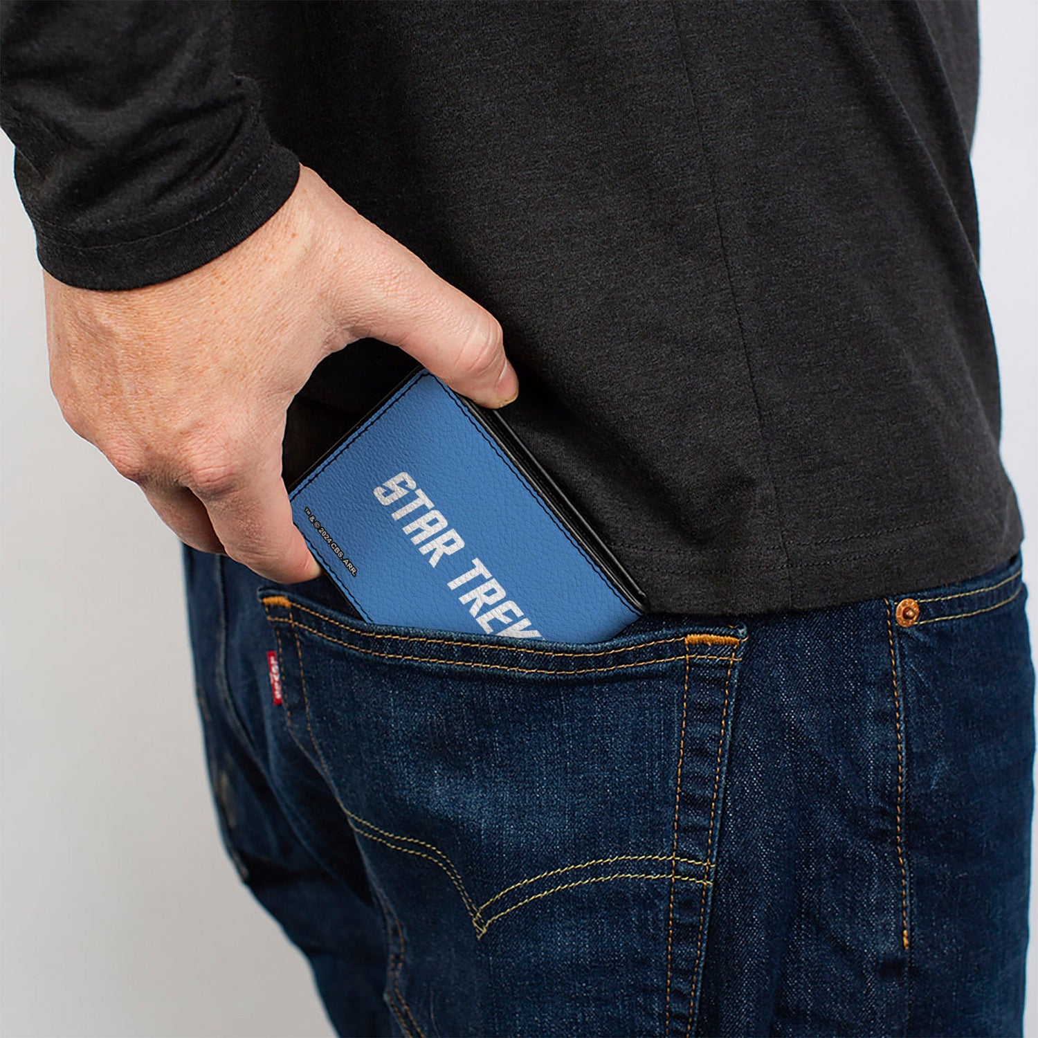 Back view of the blue and yellow Star Trek Sciences wallet.