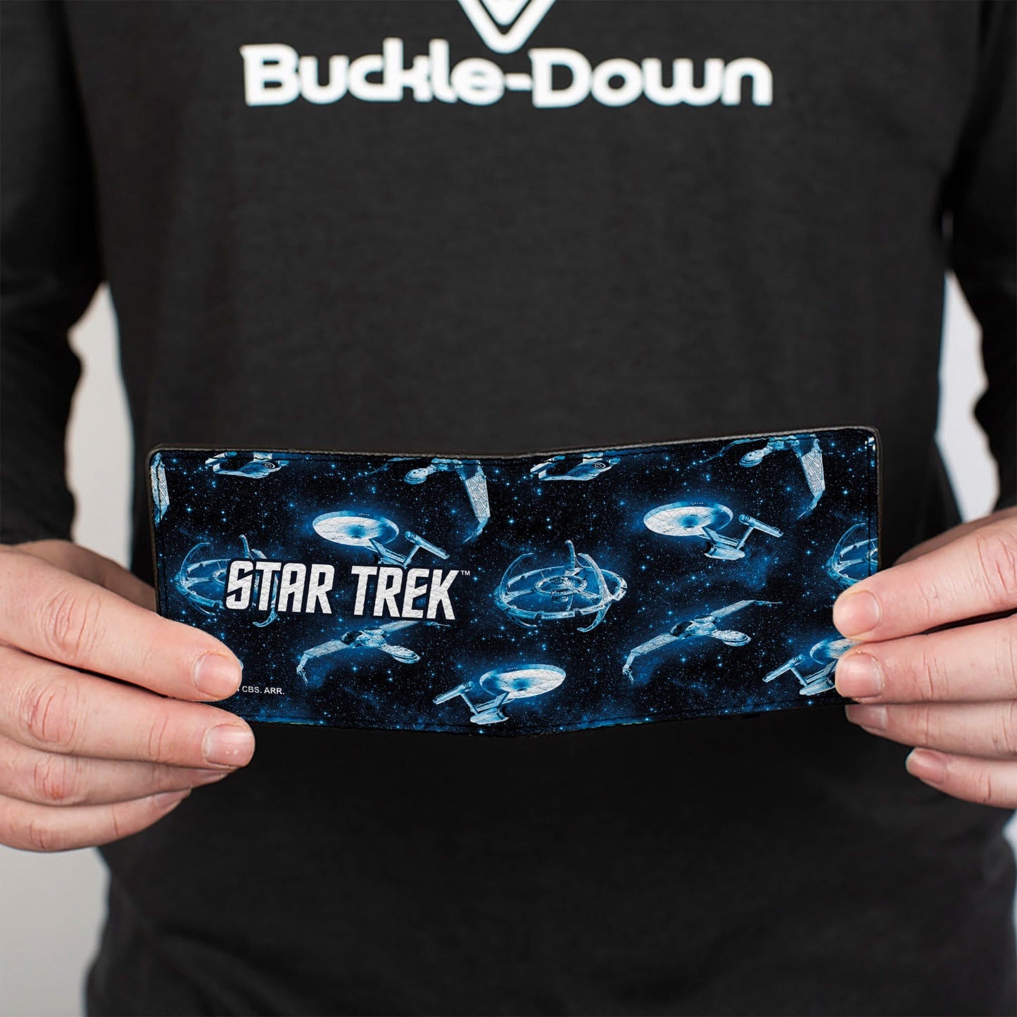 Back view of the blue Star Trek spaceship fleet bi-fold wallet