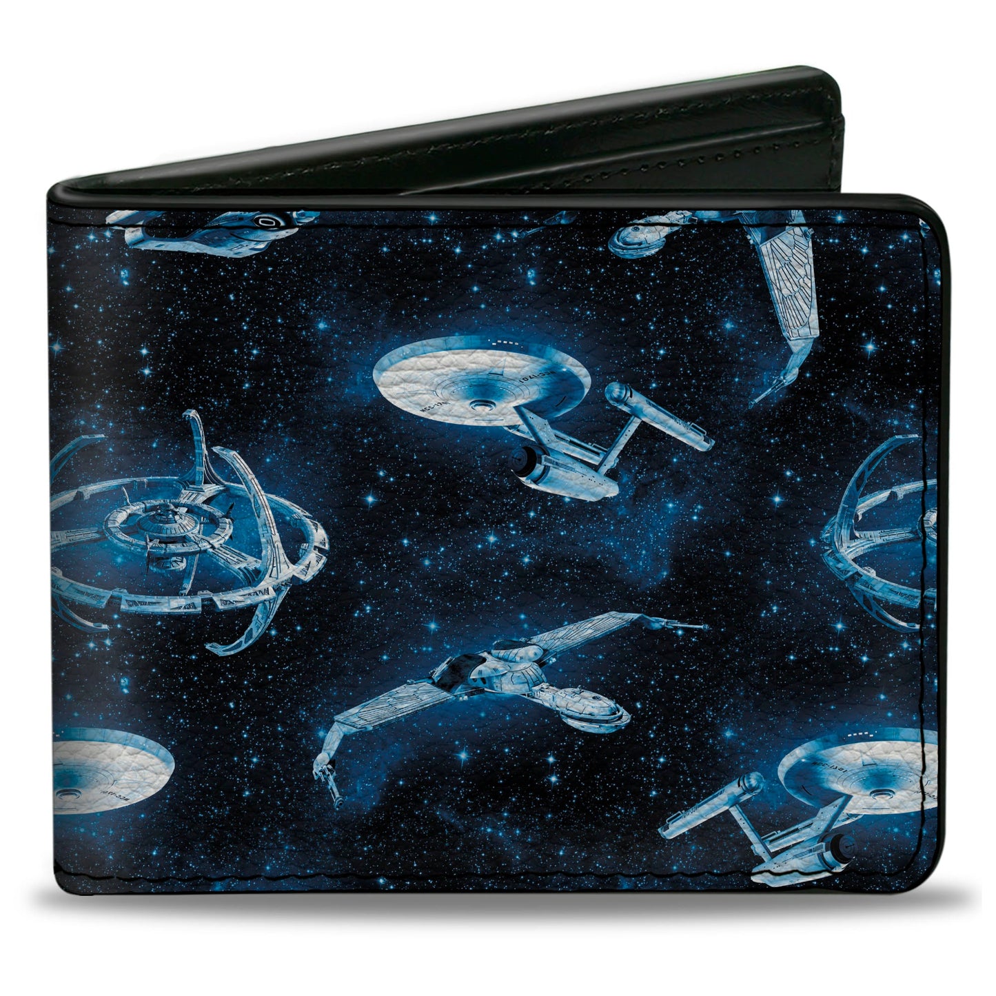 Star Trek bi-fold wallet featuring spaceship fleet and blue logo design