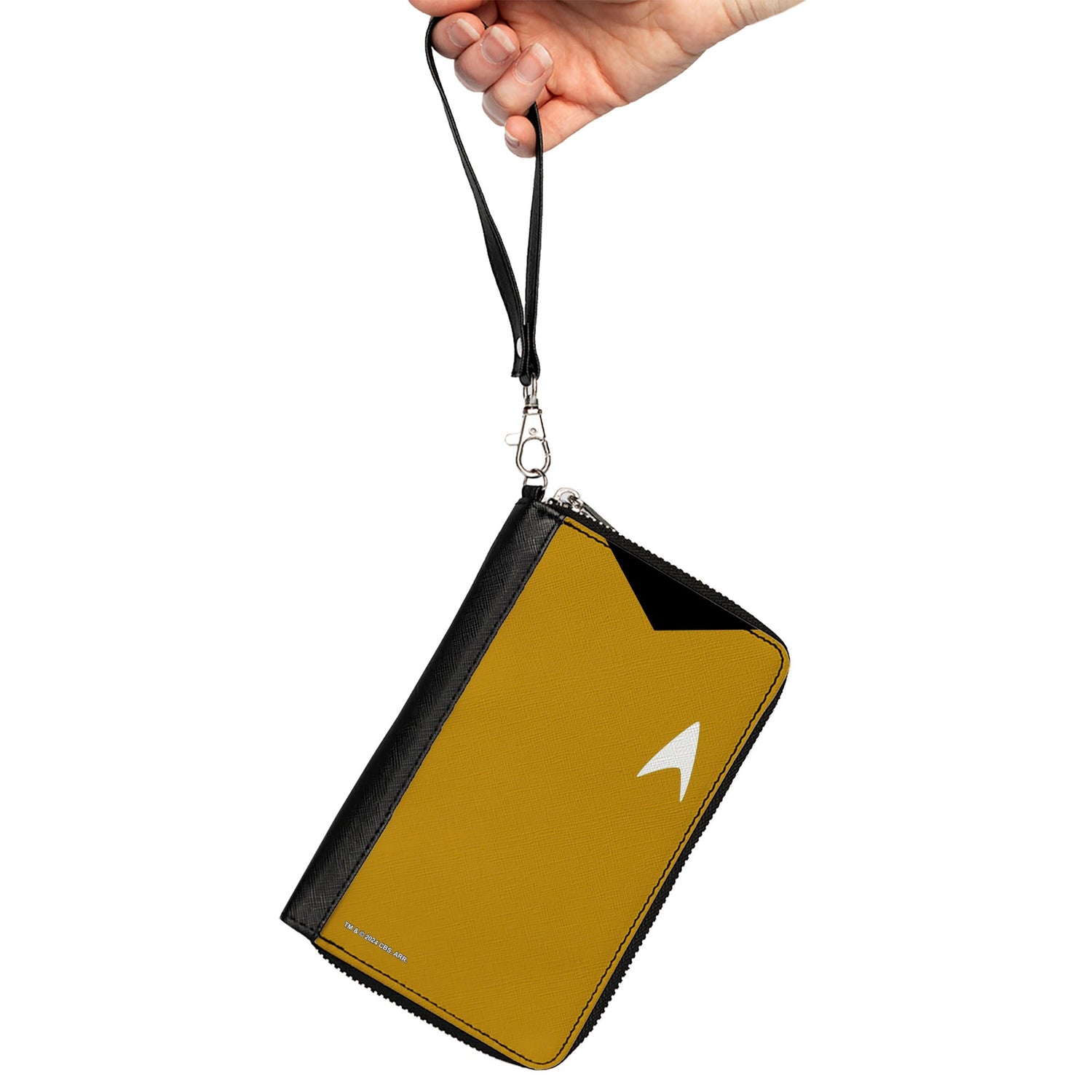 Close-up of the Starfleet insignia on the yellow PU leather wallet.