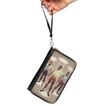 Kirk, Spock, and McCoy beam down pose on vegan leather wallet