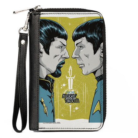 Front view of Star Trek Mirror Mirror Spock zip around wallet in green and blue