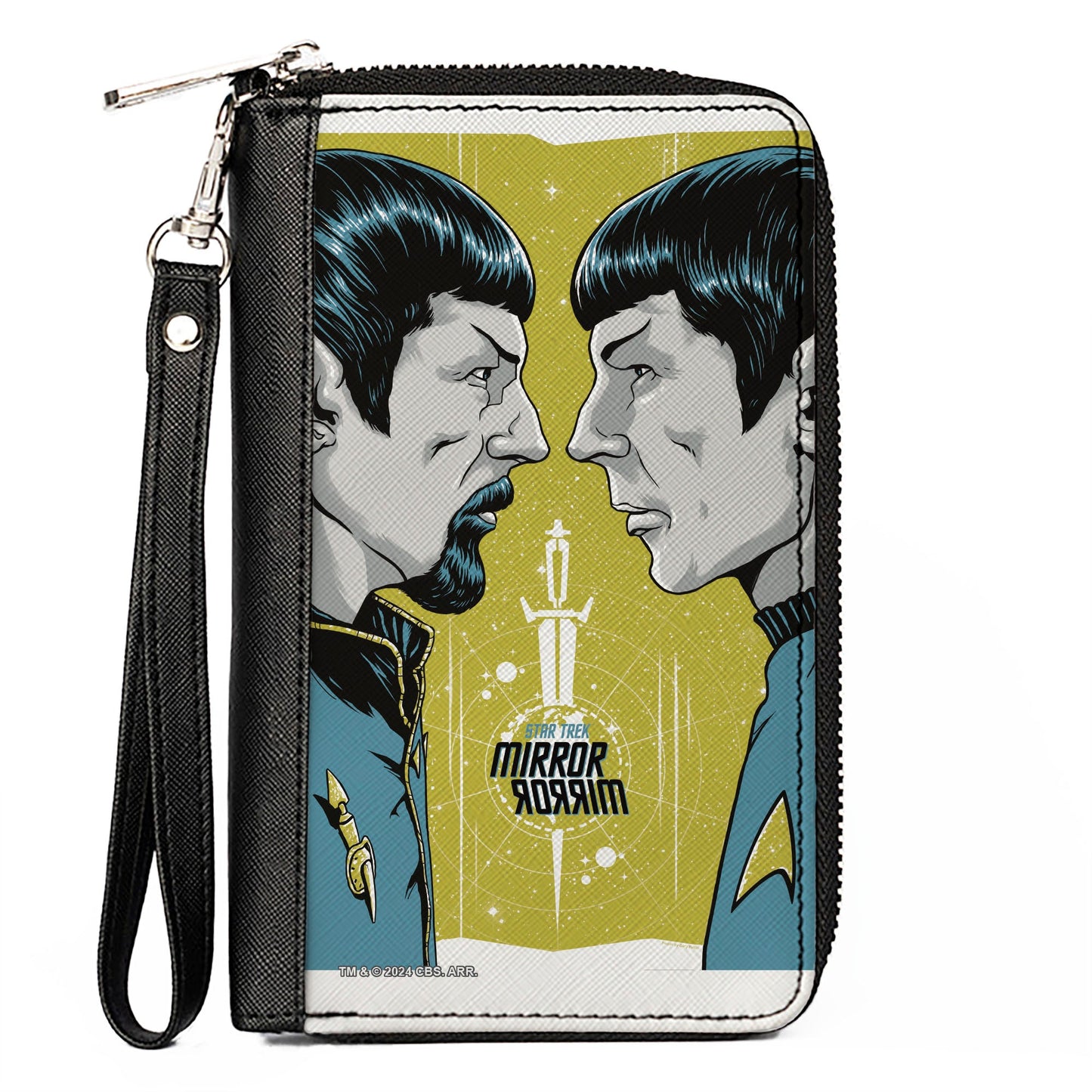 Front view of Star Trek Mirror Mirror Spock zip around wallet in green and blue