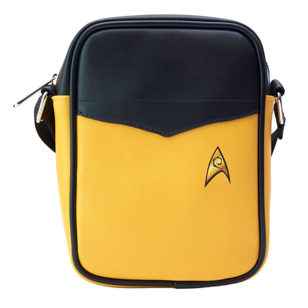 Front view of the Star Trek Scotty Gold Suit Vegan Leather Crossbody Bag showing the engineering insignia.