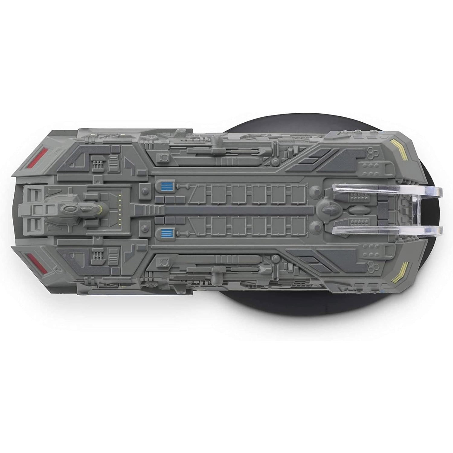 Close-up shot of the display base and forward hull section of the Star Trek Federation Holoship collectible.