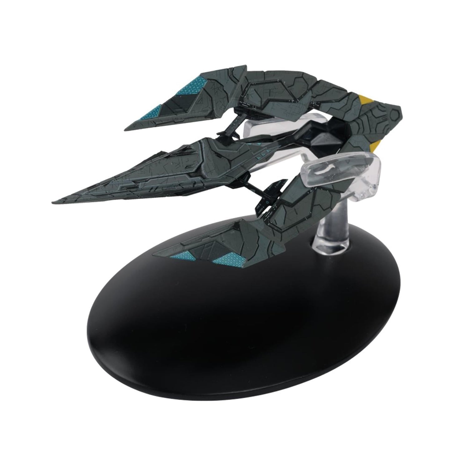 Three-quarter angle view of the die-cast Star Trek Recluse Class Tholian Carrier model resting on a display stand