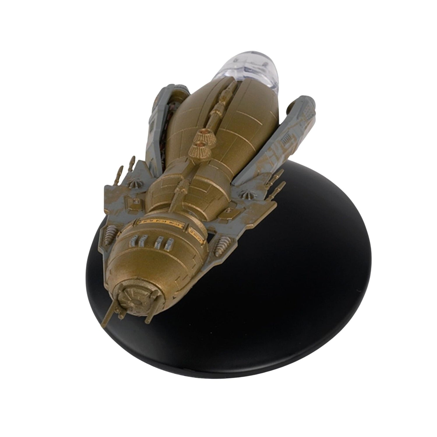 Starboard profile view of the Hirogen Holoship model resting on its branded Star Trek display stand