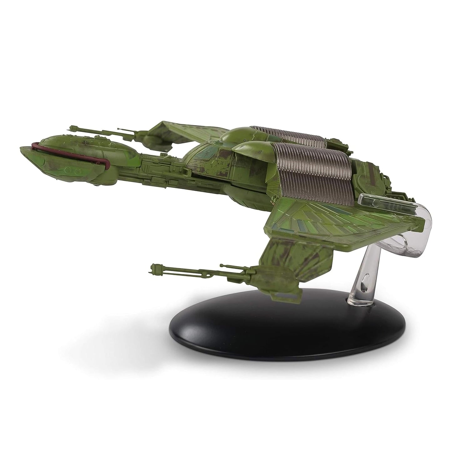 The collectible starship displayed inside its transparent collector packaging box
