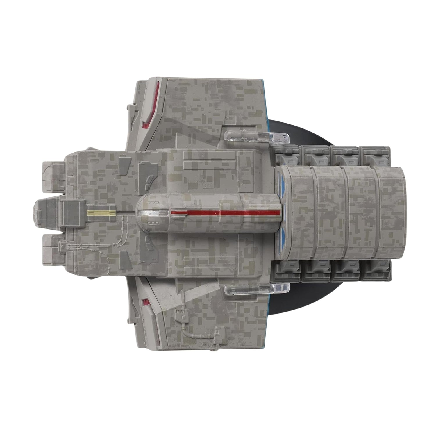 The Star Trek Dala ship replica posed on its included display stand against a starlight backdrop.
