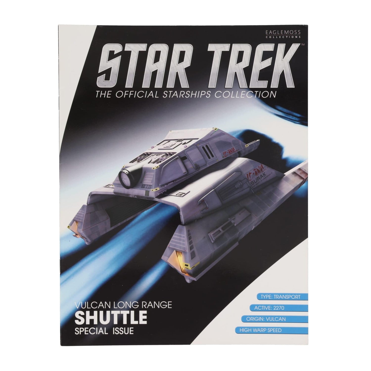 Front cover of the Star Trek Starships magazine featuring an illustration of the Vulcan Long Range Shuttle in flight