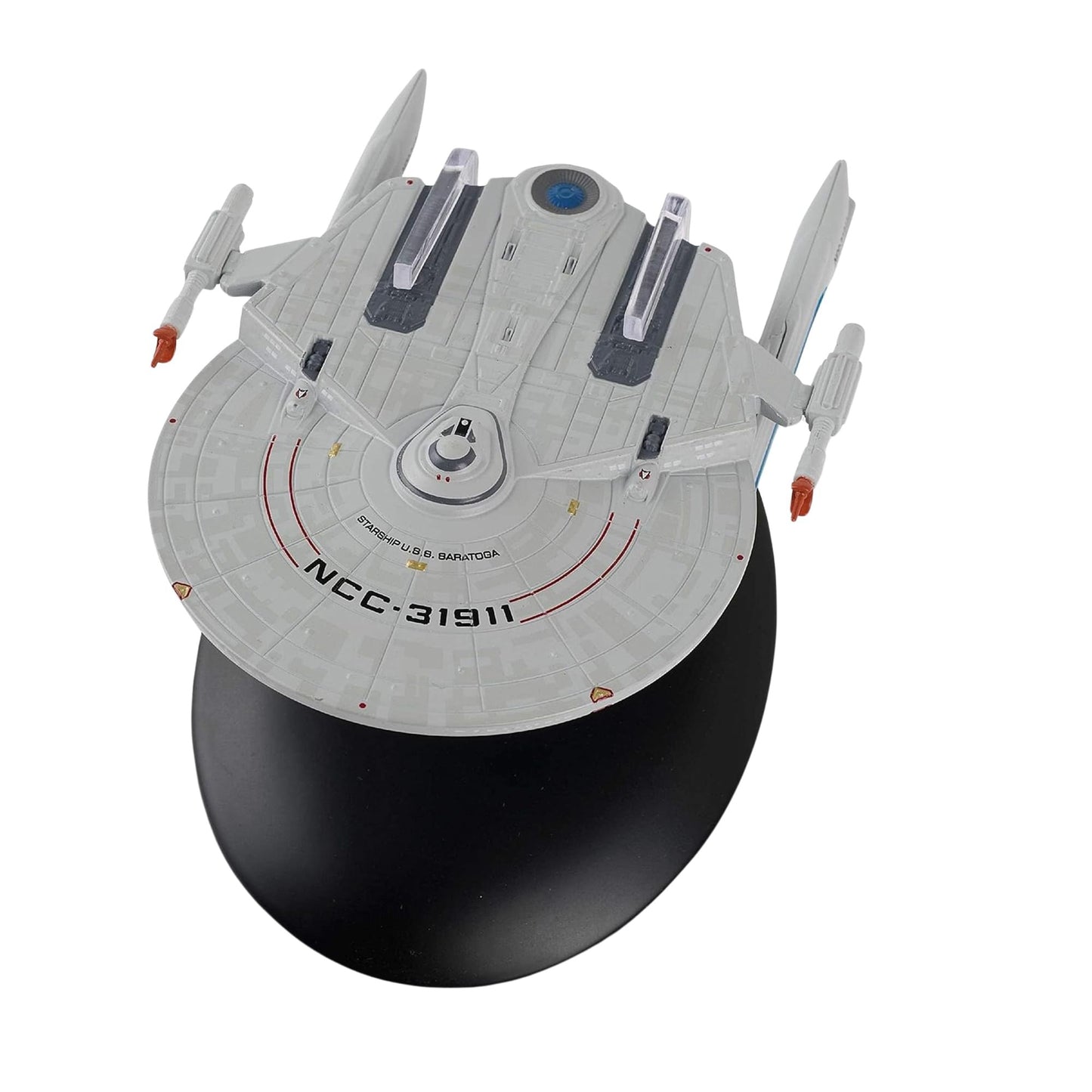 Close-up of the warp nacelles and engineering hull details on the starship model