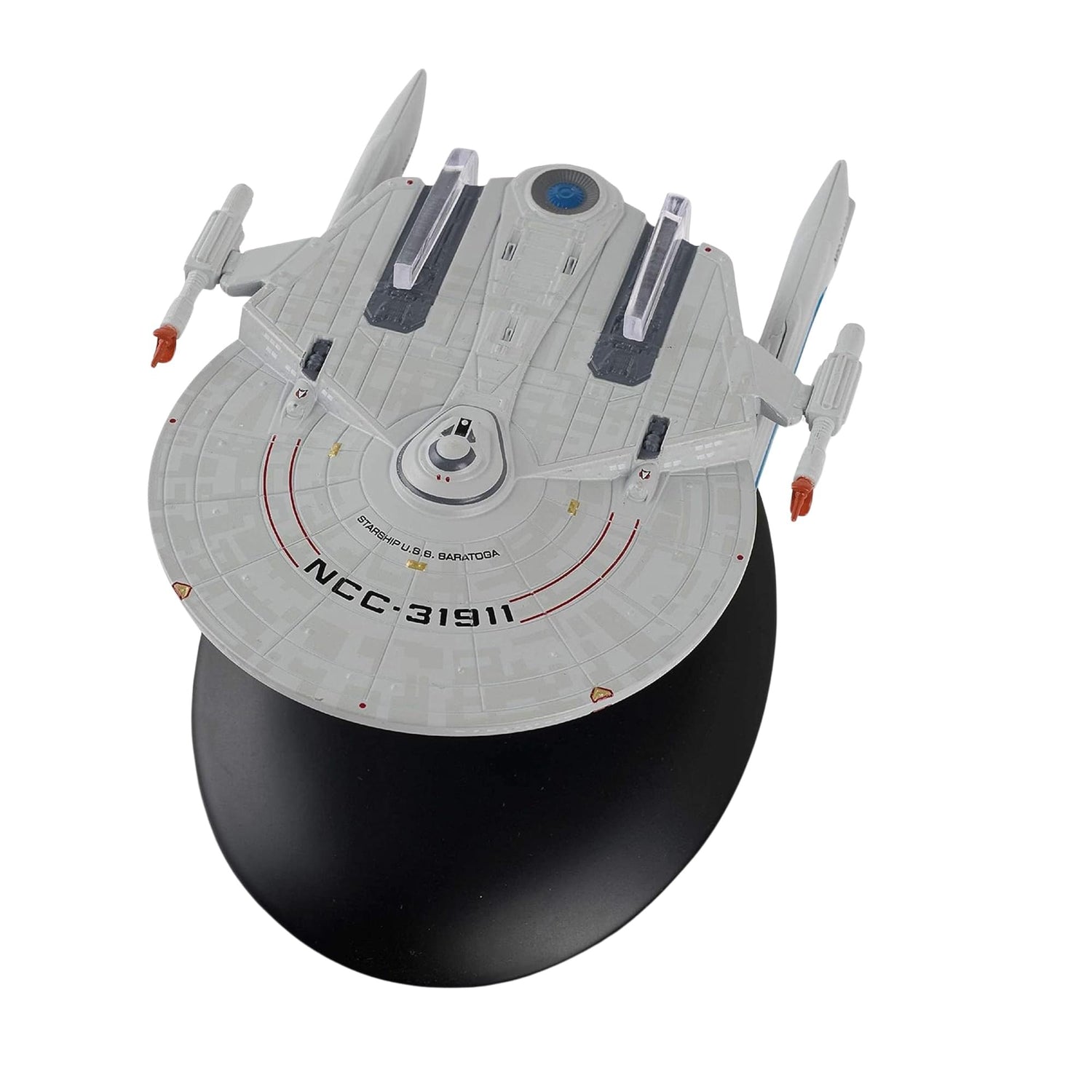 Close-up of the warp nacelles and engineering hull details on the starship model