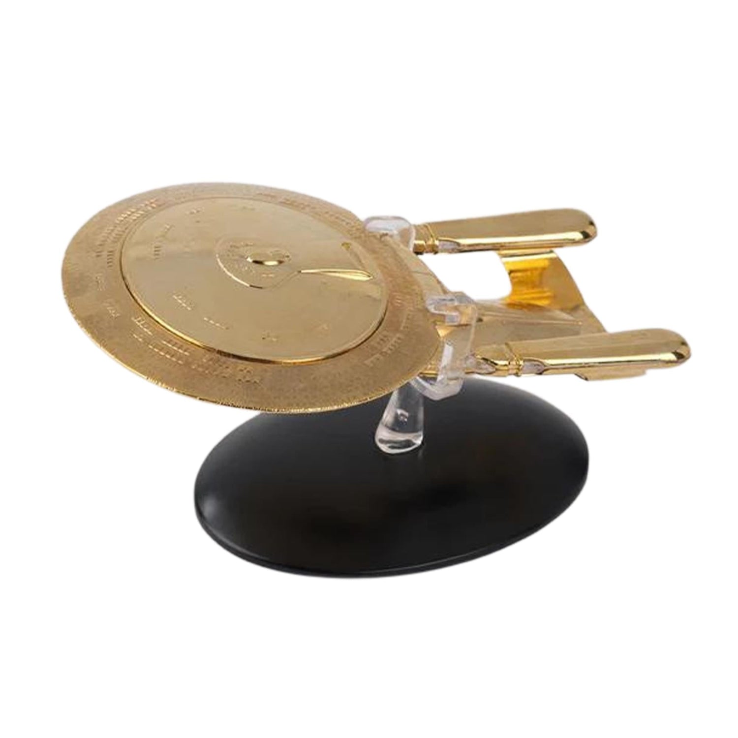 Side profile of the USS Enterprise NCC-1701-D model mounted on its branded display base