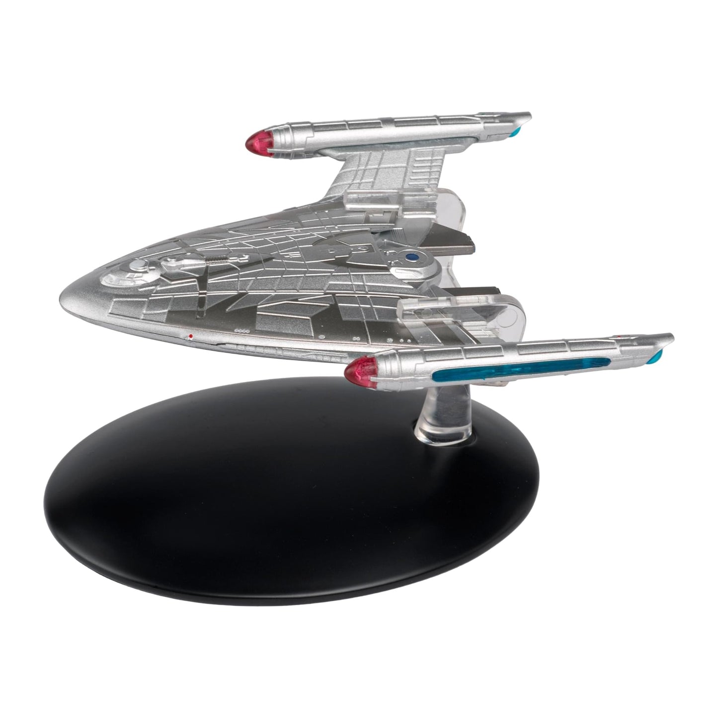 Profile view of the S.S. Emmette resting on its custom display stand