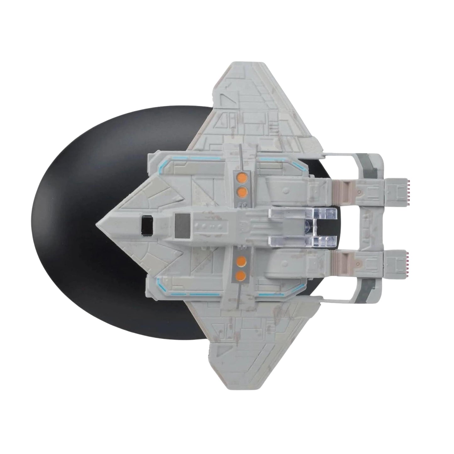 Side profile view of the Federation Fighter starship resting on its display stand against a dark starlight backdrop