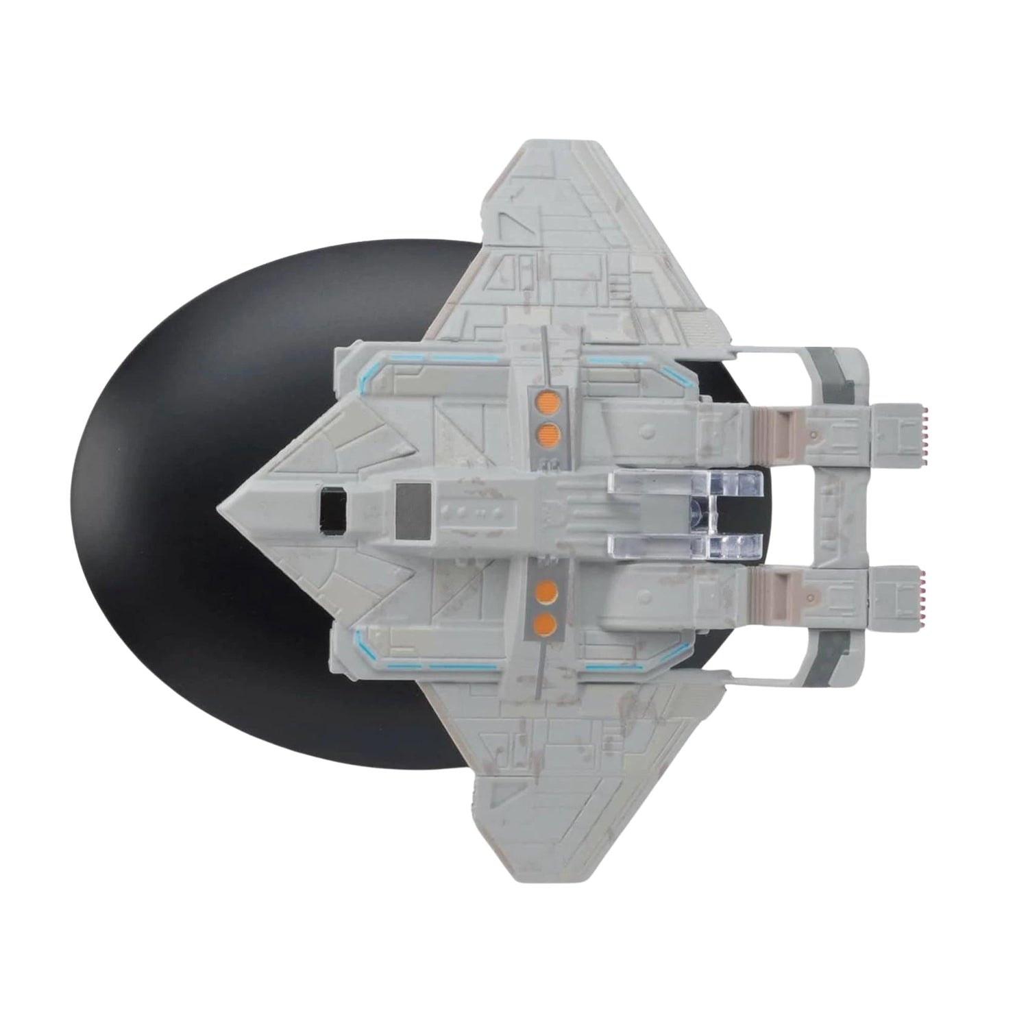 Side profile view of the Federation Fighter starship resting on its display stand against a dark starlight backdrop
