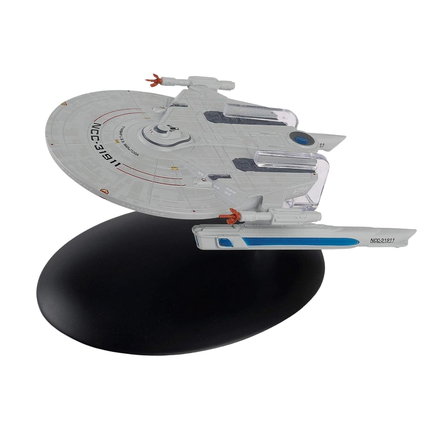 Port side profile view of the U.S.S. Saratoga model on a display stand
