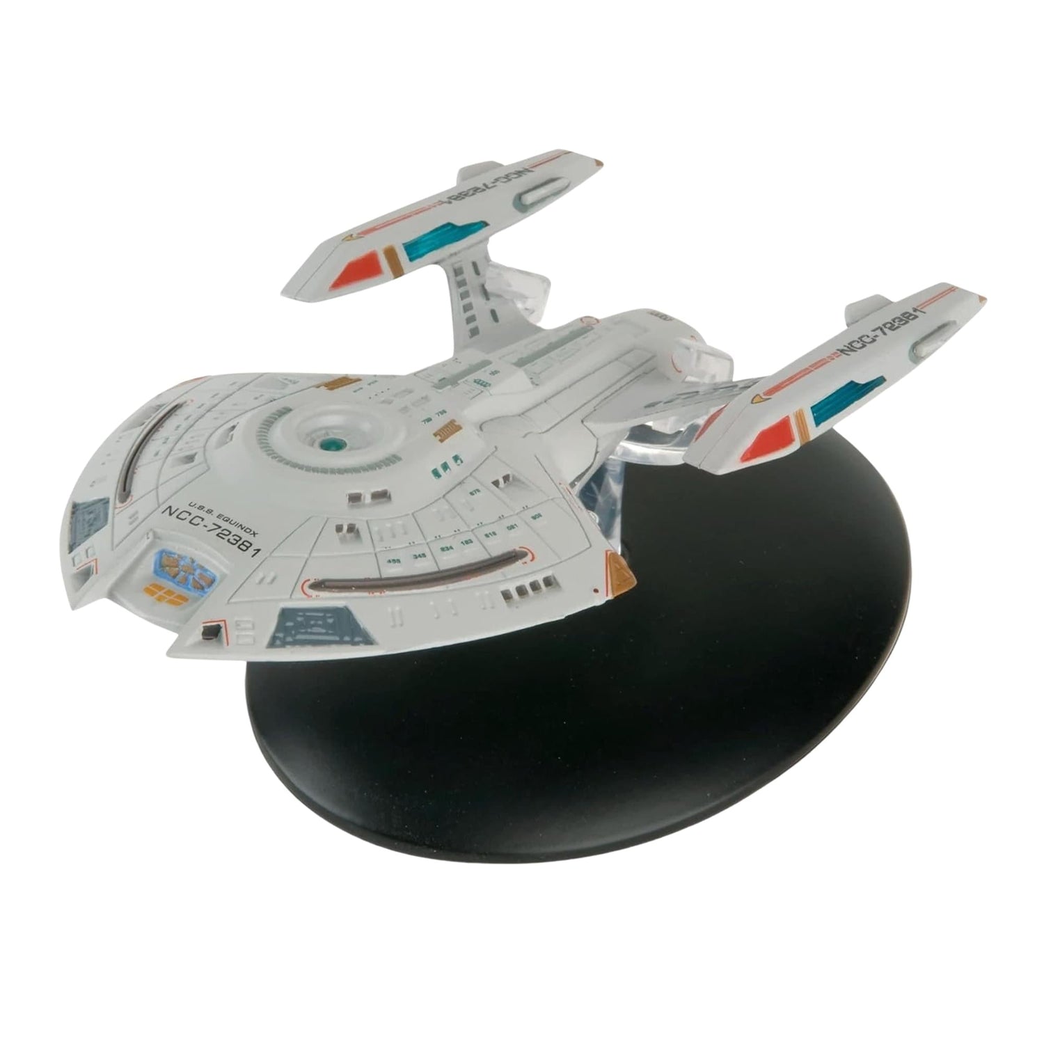 Front three-quarter view of the U.S.S. Equinox starship replica on its display stand, showcasing its compact hull and warp nacelles