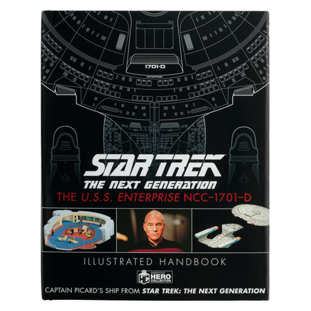 Front cover of the Star Trek Illustrated Handbook featuring a detailed blue schematic rendering of the U.S.S. Enterprise NCC-1701-D against a starfield background