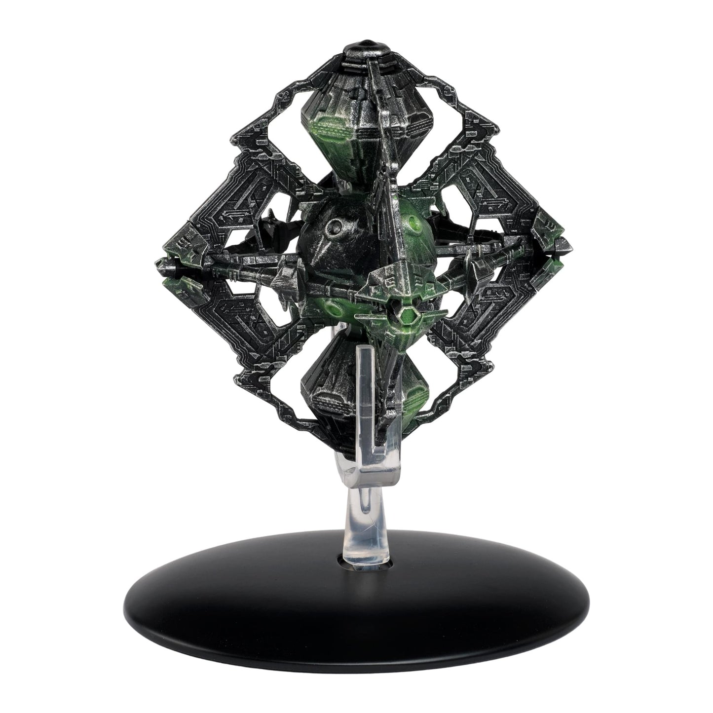 Angled overhead view showcasing the intricate armor plating and hull details of the Borg Queen starship replica