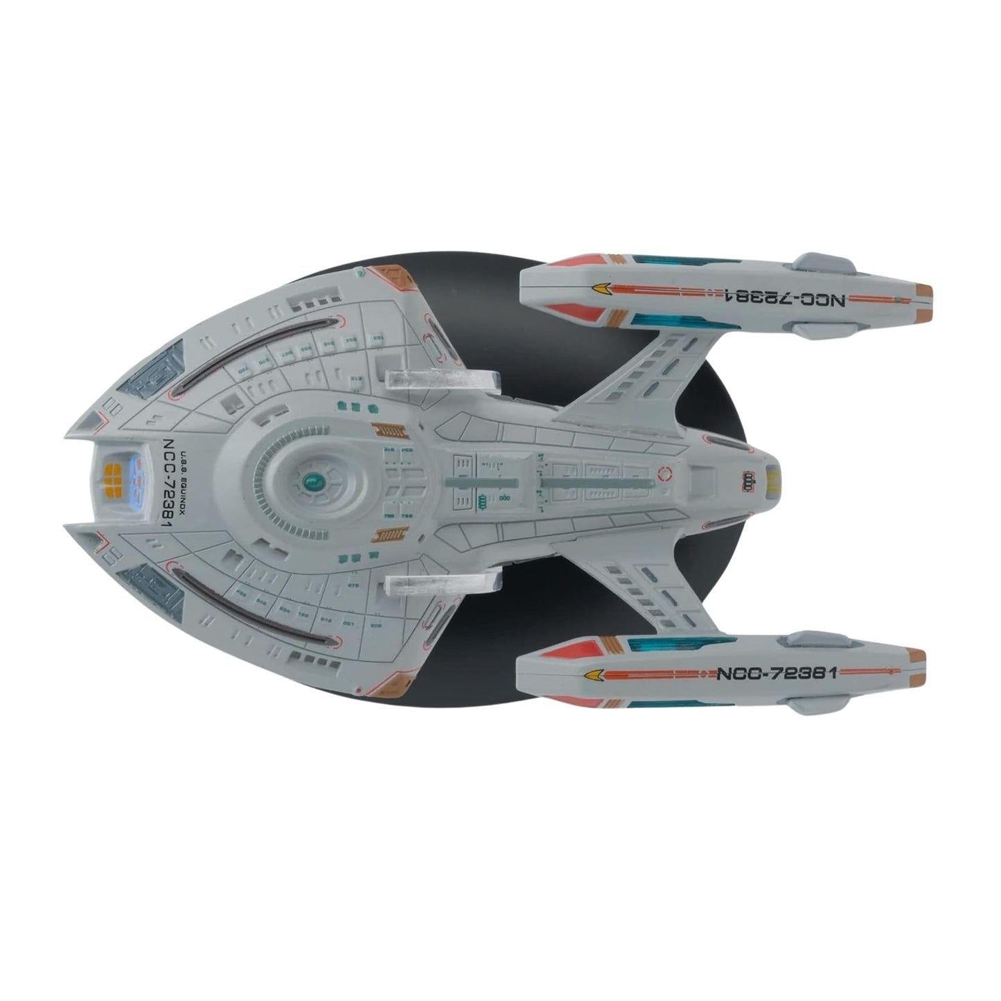 Angled profile view of the starship mounted securely on its branded display base