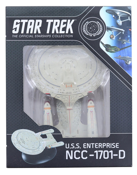 Die-cast Star Trek USS Enterprise NCC-1701 replica angled from the front, showing the saucer section and twin warp nacelles
