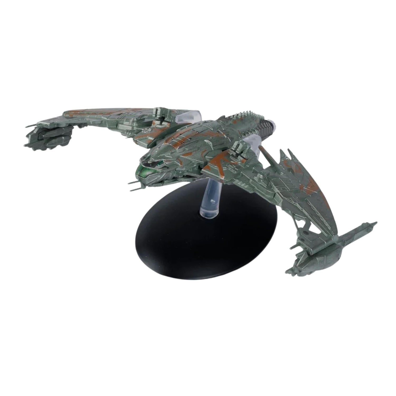 Starboard side profile view of the die-cast Klingon warship model