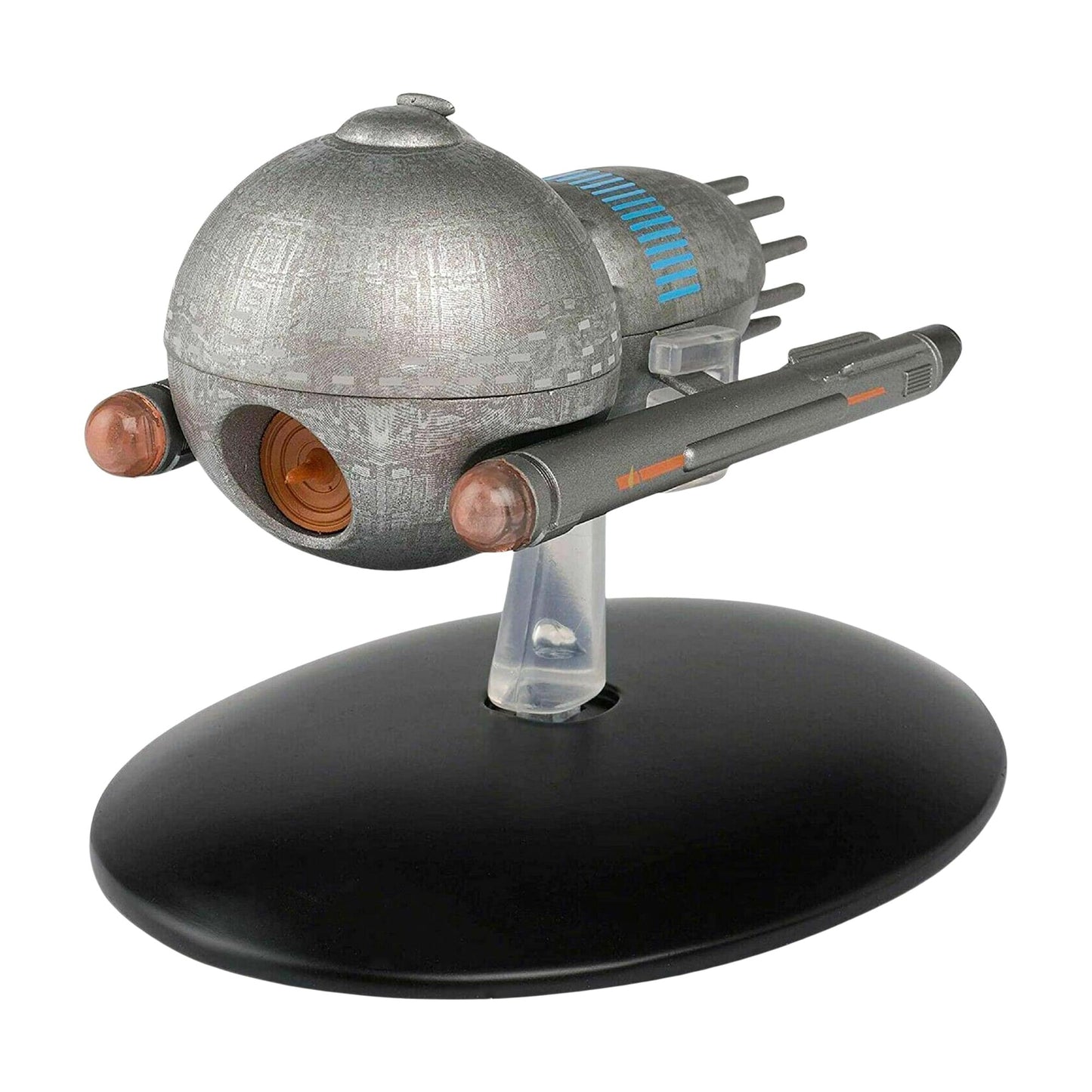 Angle view of the Eaglemoss Medusan Ship diecast model resting on its display stand