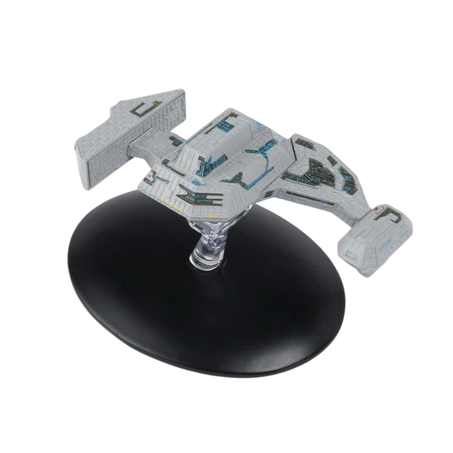 Front three-quarters angle view of the Star Trek Renegade Borg Ship die-cast model, showing its intricate angular hull and asymmetric framework.