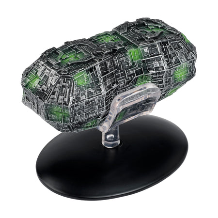 Front three-quarters view of the Eaglemoss Borg Probe die-cast starship model on a display stand