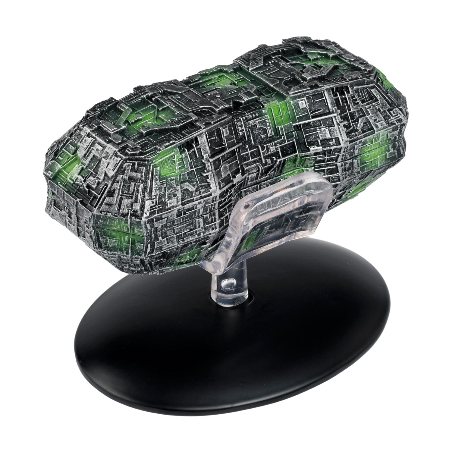 Front three-quarters view of the Eaglemoss Borg Probe die-cast starship model on a display stand