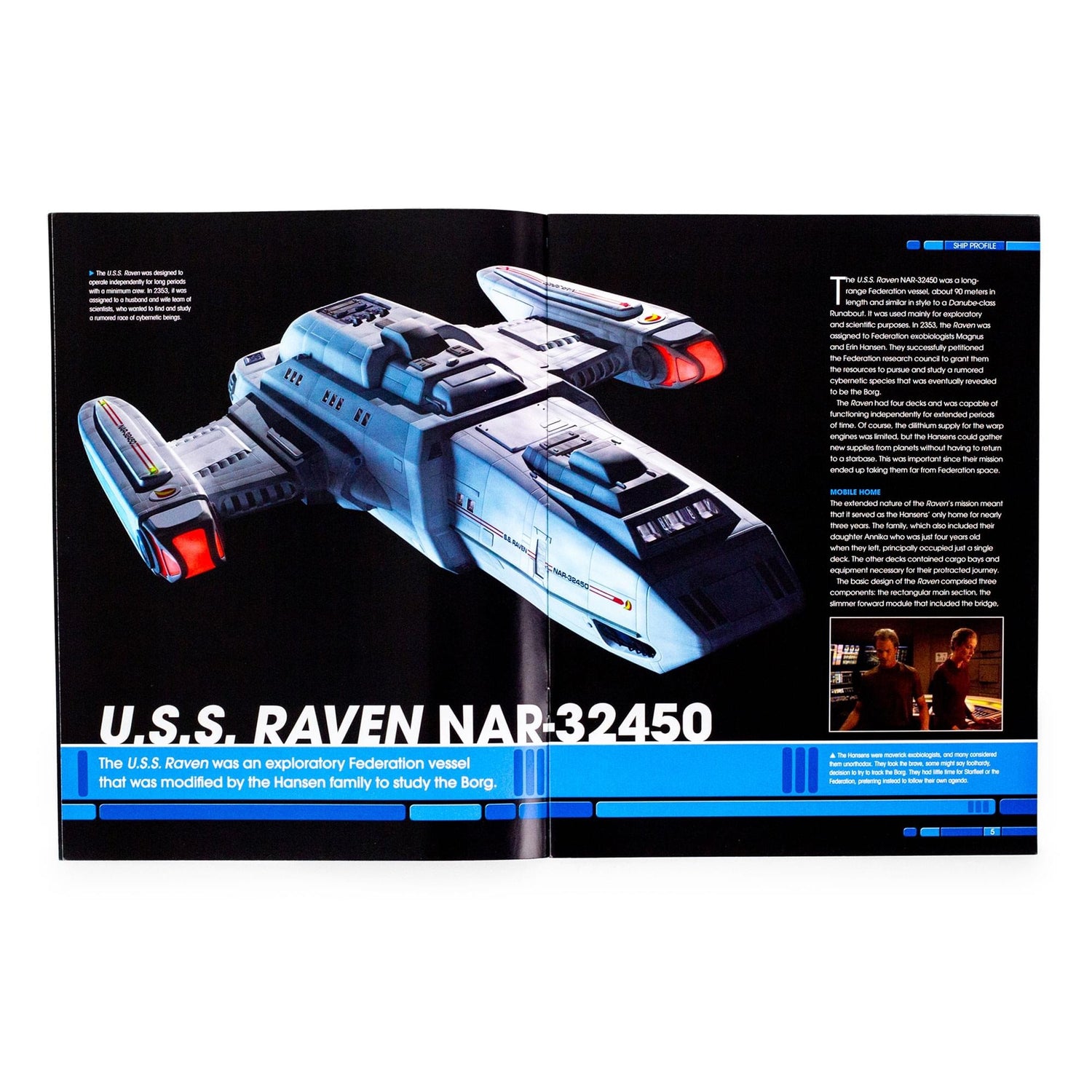 Interior page spread displaying detailed starship schematics and technical specifications of the Raven