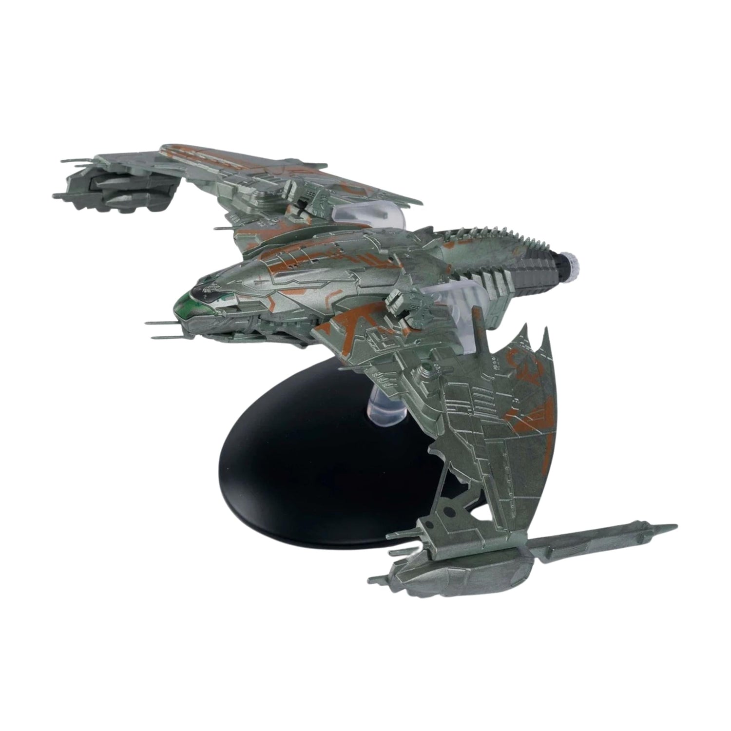Front three-quarters view of the Star Trek Klingon D4 Bird of Prey die-cast starship replica displaying its swept-forward wings