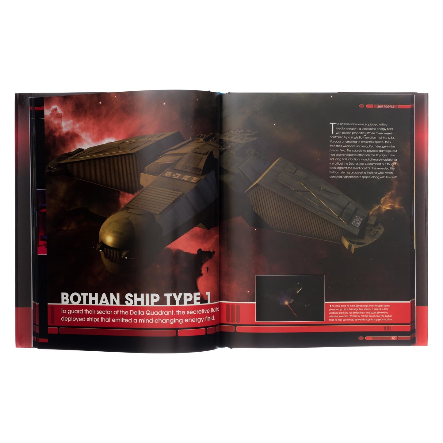 Open page spread of the book showing CG artwork and technical schematics of a Delta Quadrant starship