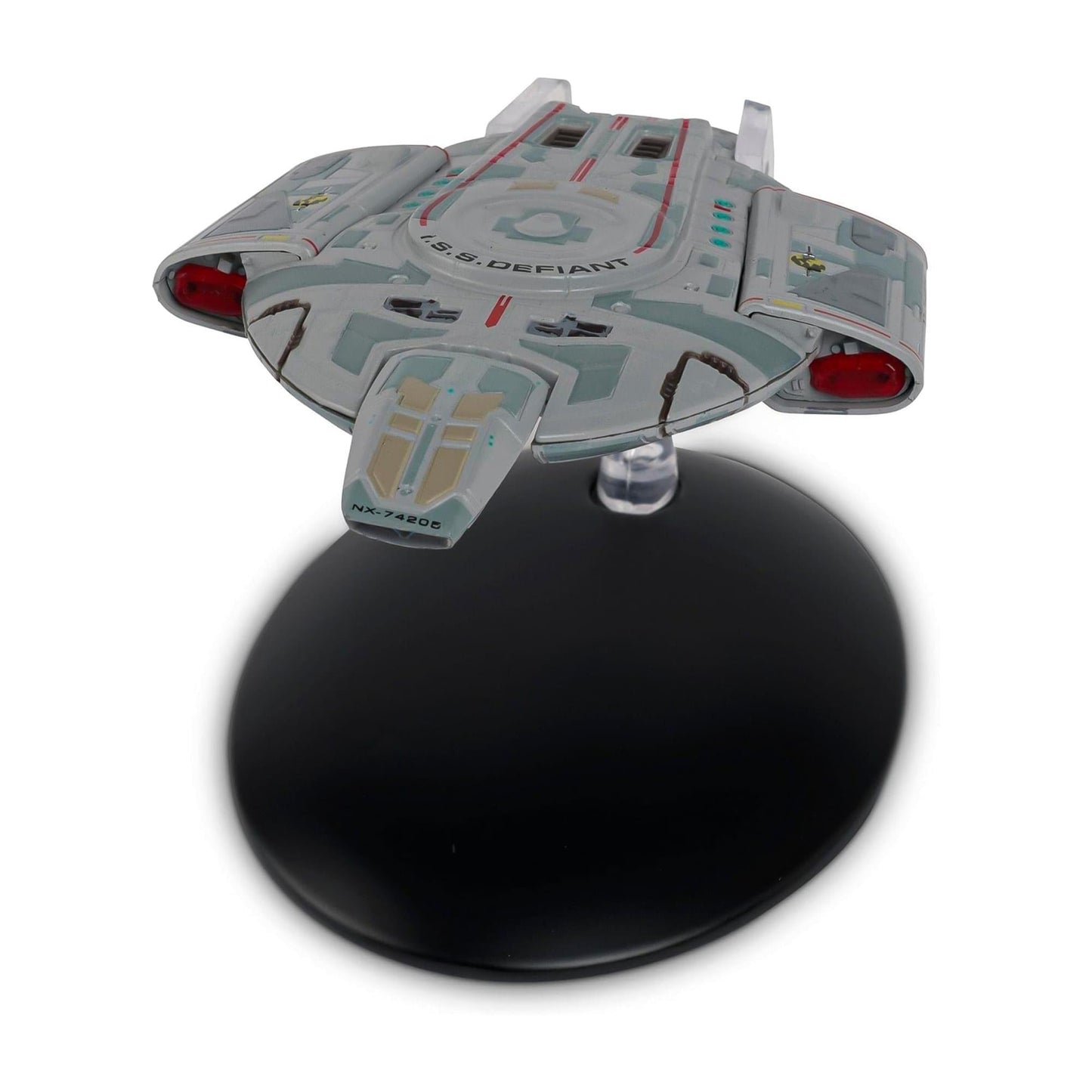 Top-down view of the I.S.S. Defiant die-cast model highlighting hull plating and Terran Empire markings