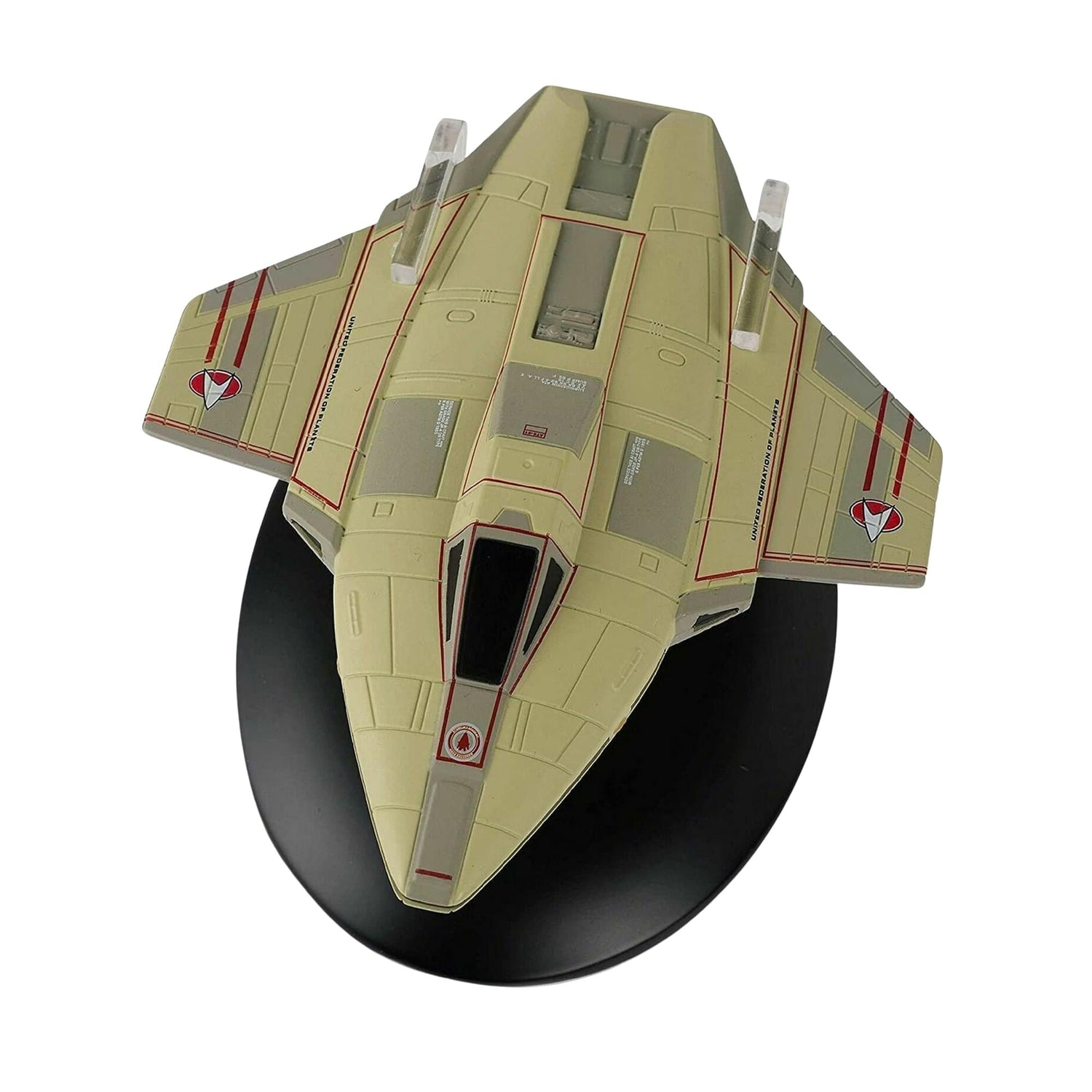 Top-down view of the handcrafted starship replica showcasing the upper saucer section and paneling