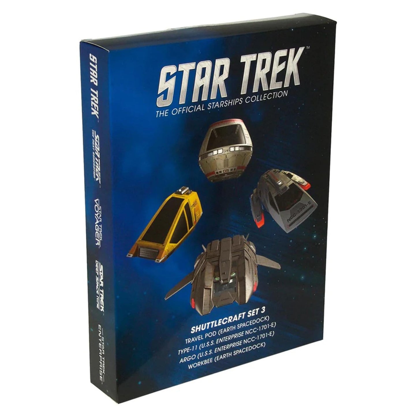 Close-up of the blister packaging and collectible display stand included with the Star Trek shuttlecraft set