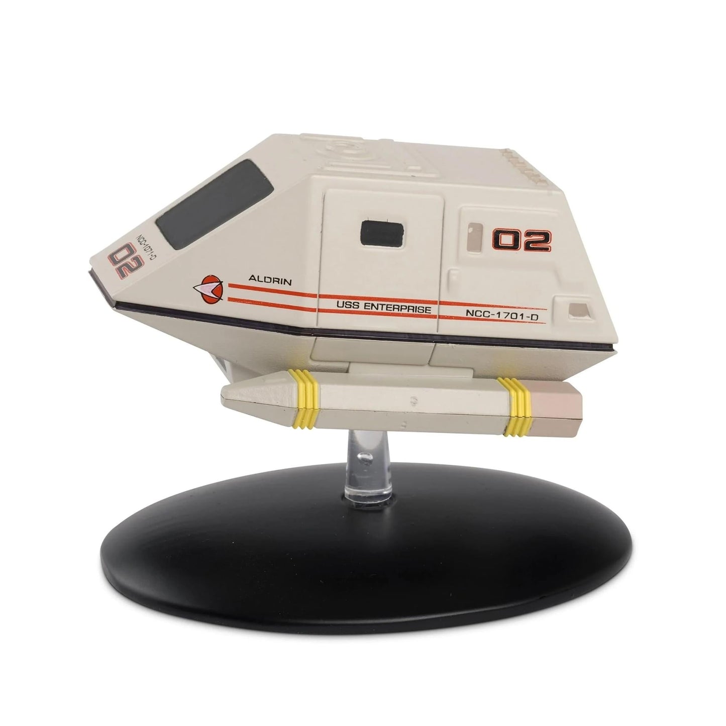 Die-cast Star Trek Shuttlecraft Type 15 Aldrin model viewed from the front quarter angle, showing its compact hull and Starfleet registry markings