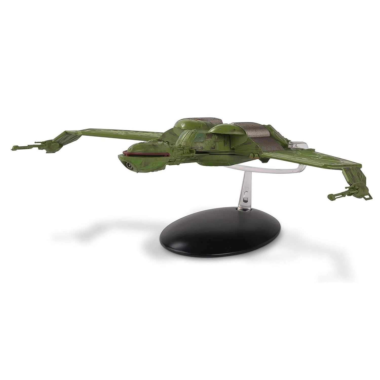 Angled rear perspective highlighting the swept-down wing configuration of the starship replica